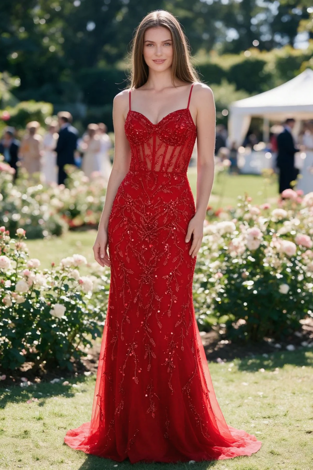 Aurelia red sequin corset maxi dress shown from the front in a garden setting