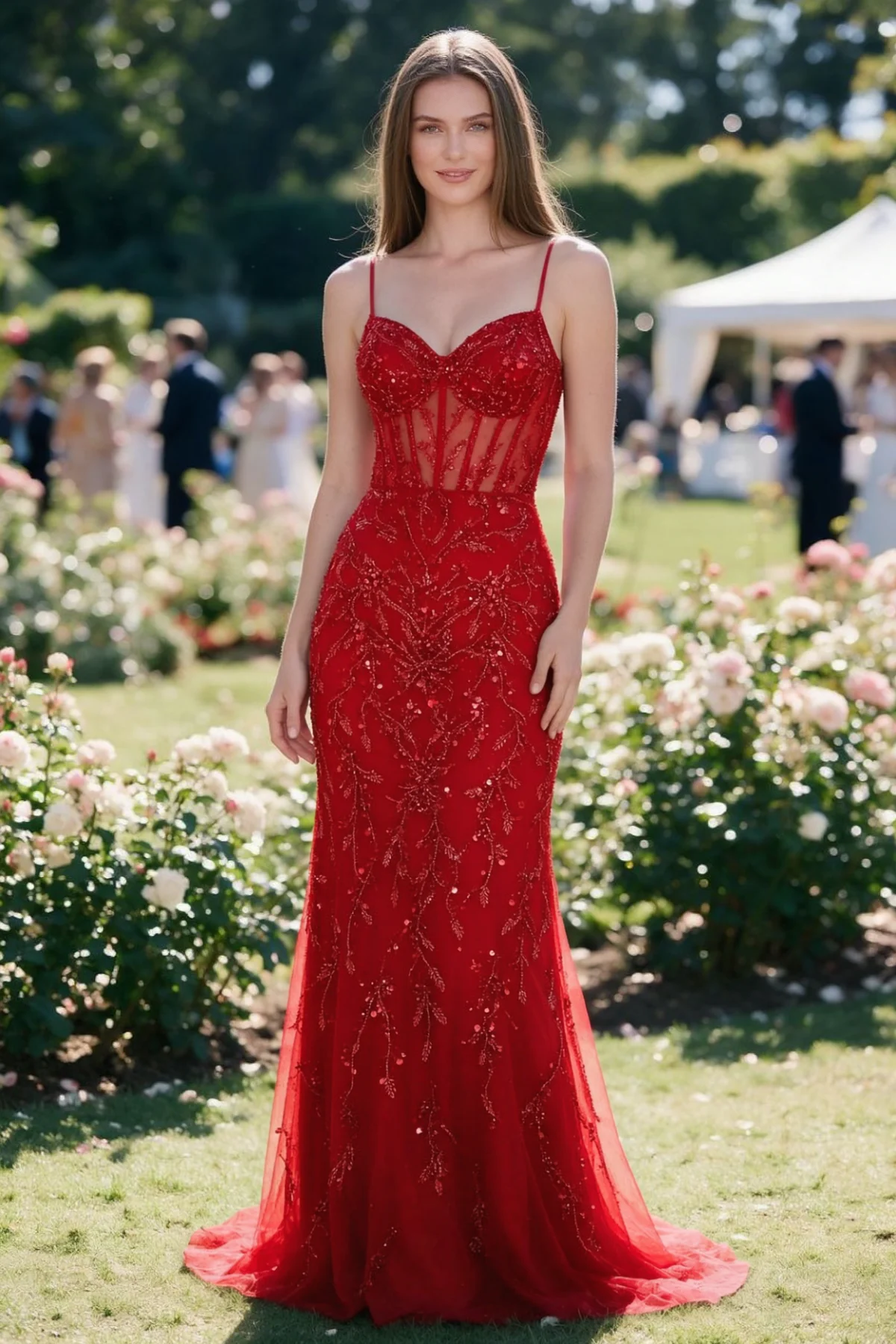 Aurelia red sequin corset maxi dress shown from the front in a garden setting