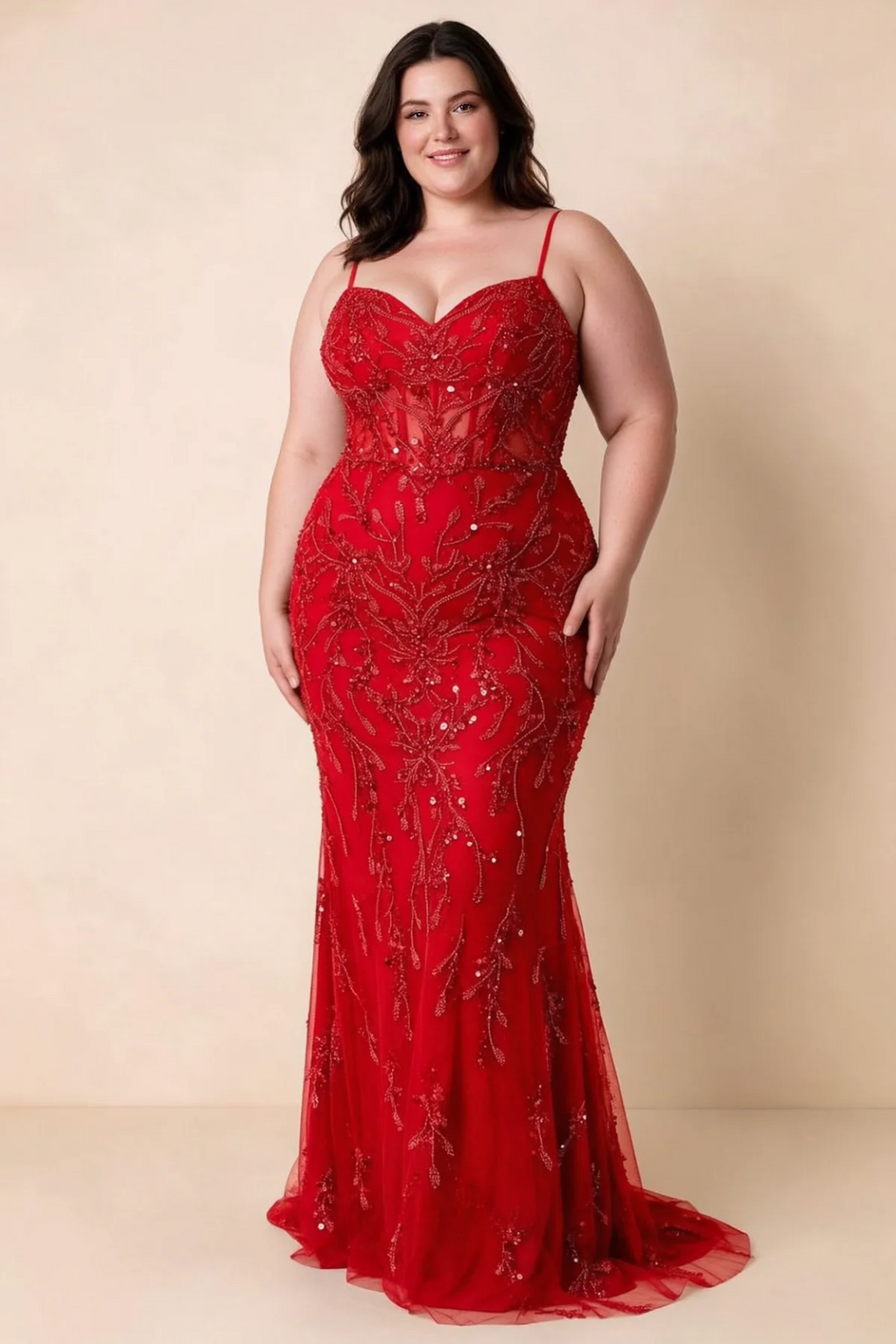 Front view on a second model wearing Aurelia red sweetheart sequin mermaid maxi dress