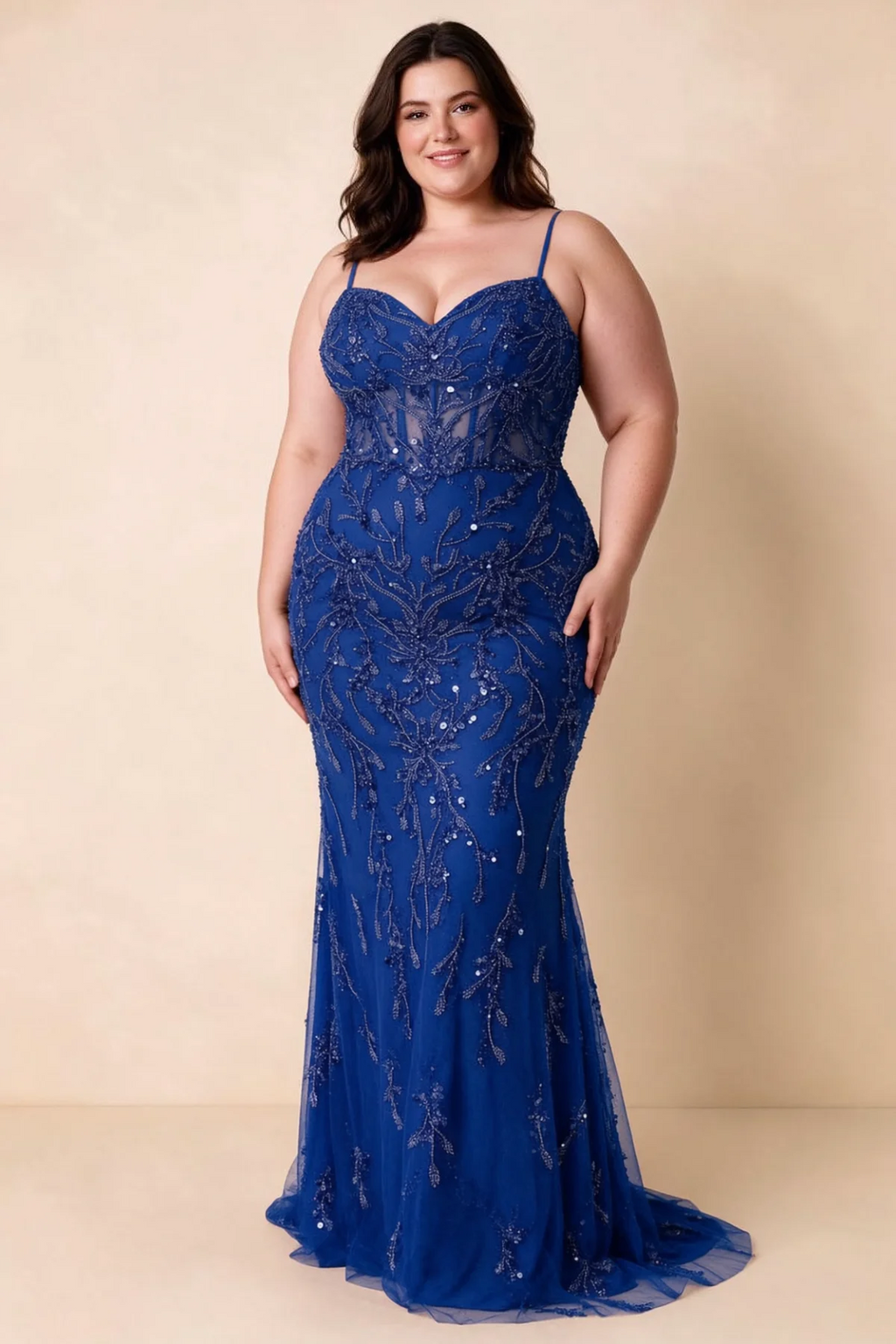 Front view on a second model wearing Aurelia royal blue sweetheart sequin mermaid maxi dress