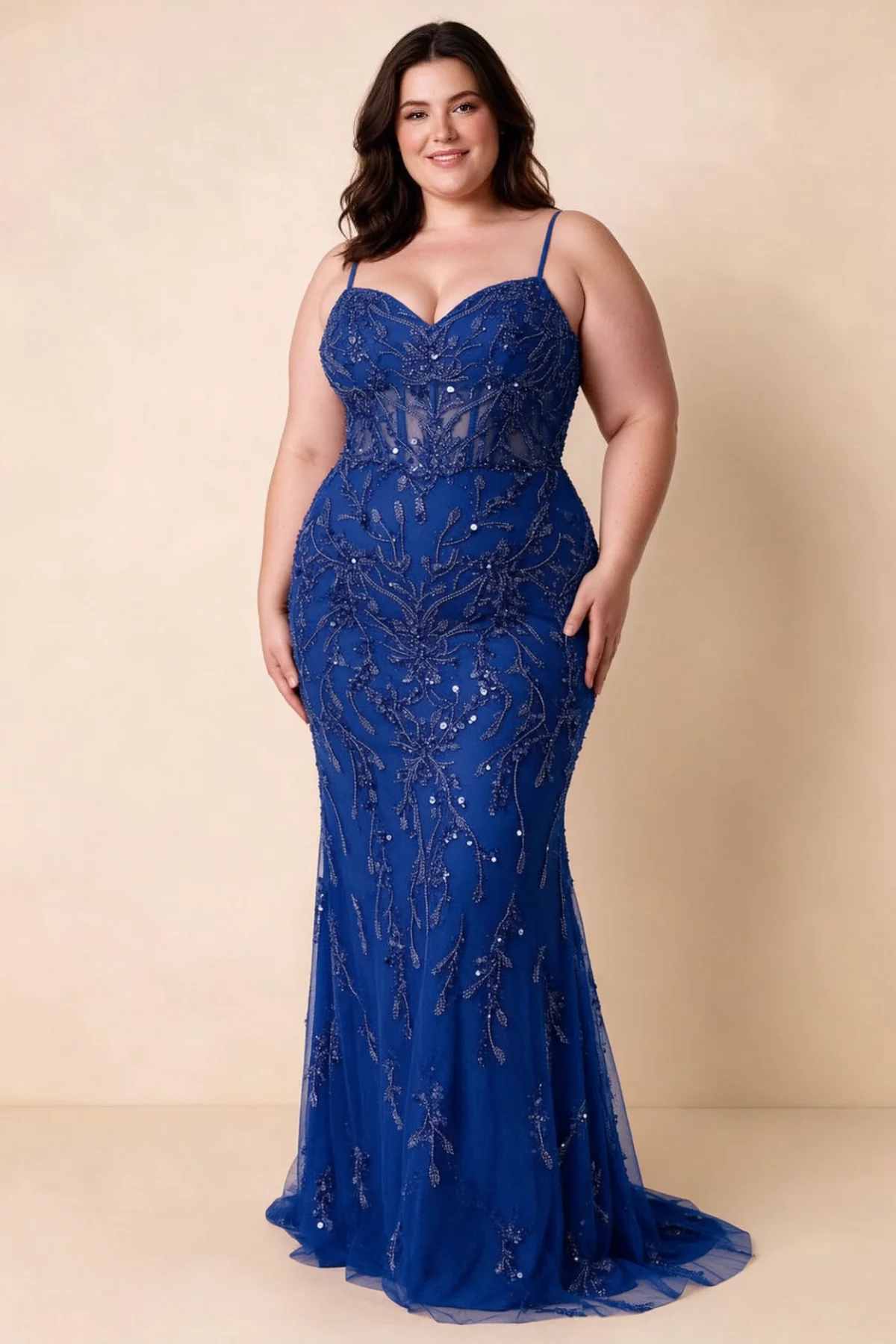 Front view on a second model wearing Aurelia royal blue sweetheart sequin mermaid maxi dress