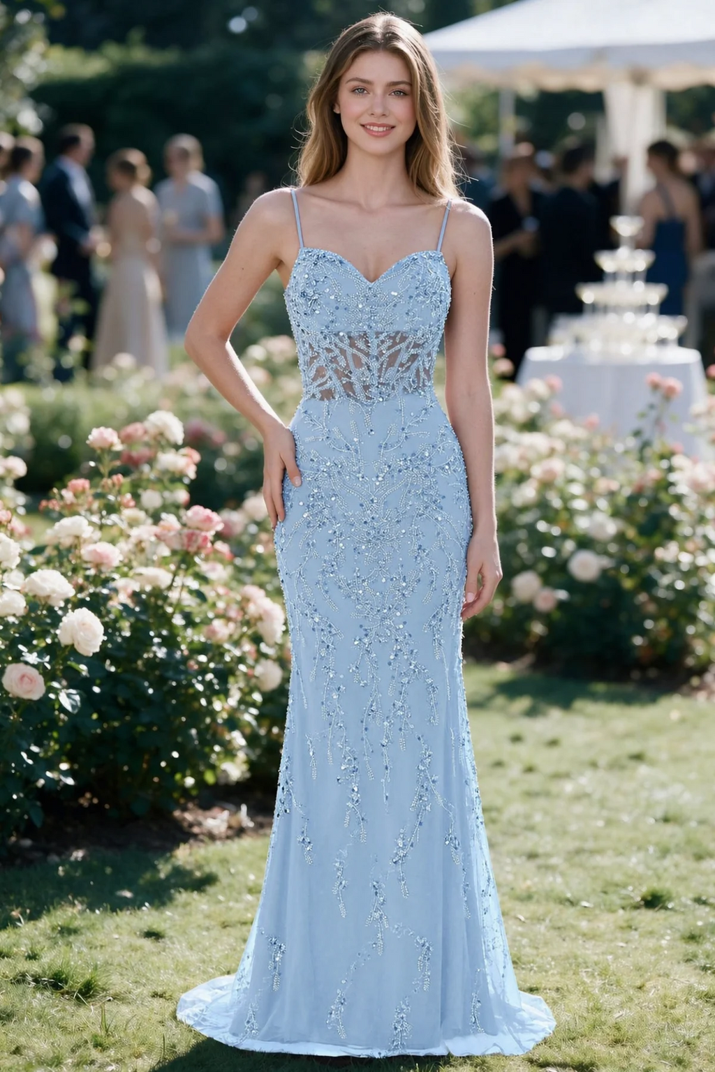Aurelia sky blue sequin corset maxi dress shown from the front in a garden setting