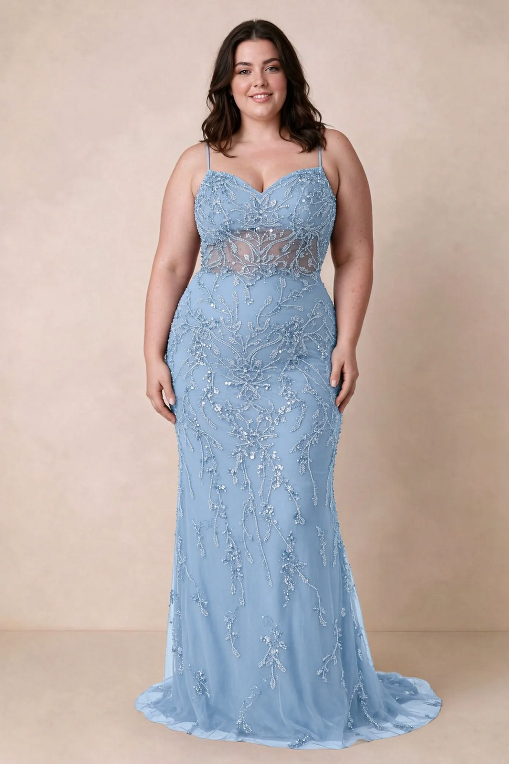 Front view on a second model wearing Aurelia sky blue sweetheart sequin mermaid maxi dress