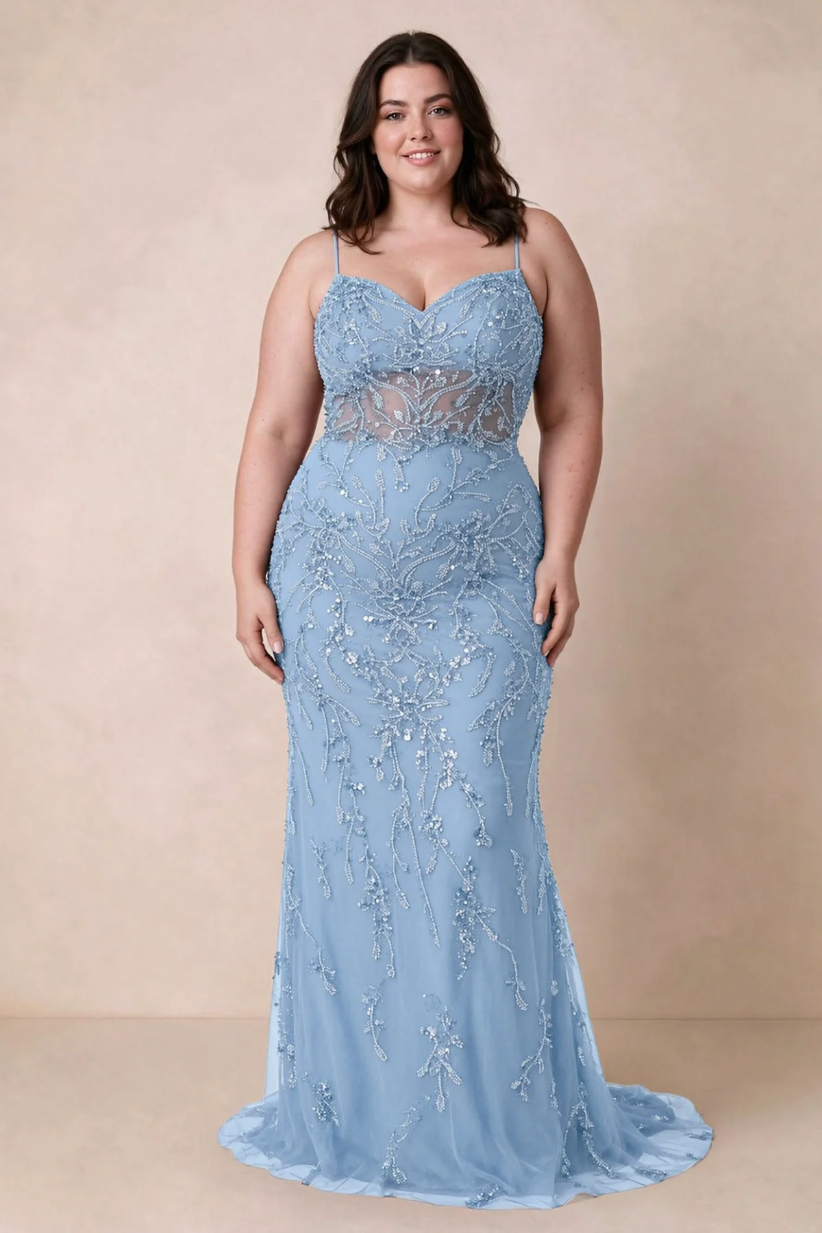 Front view on a second model wearing Aurelia sky blue sweetheart sequin mermaid maxi dress