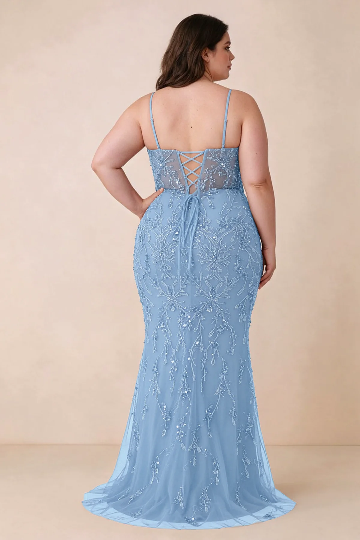 Back view on a second model showing the Aurelia sky blue corset dress and waist lacing