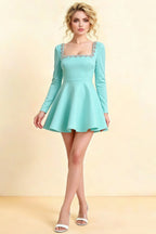 Aurora Aqua Long Sleeve Square Neck Mini Dress with Rhinestones
