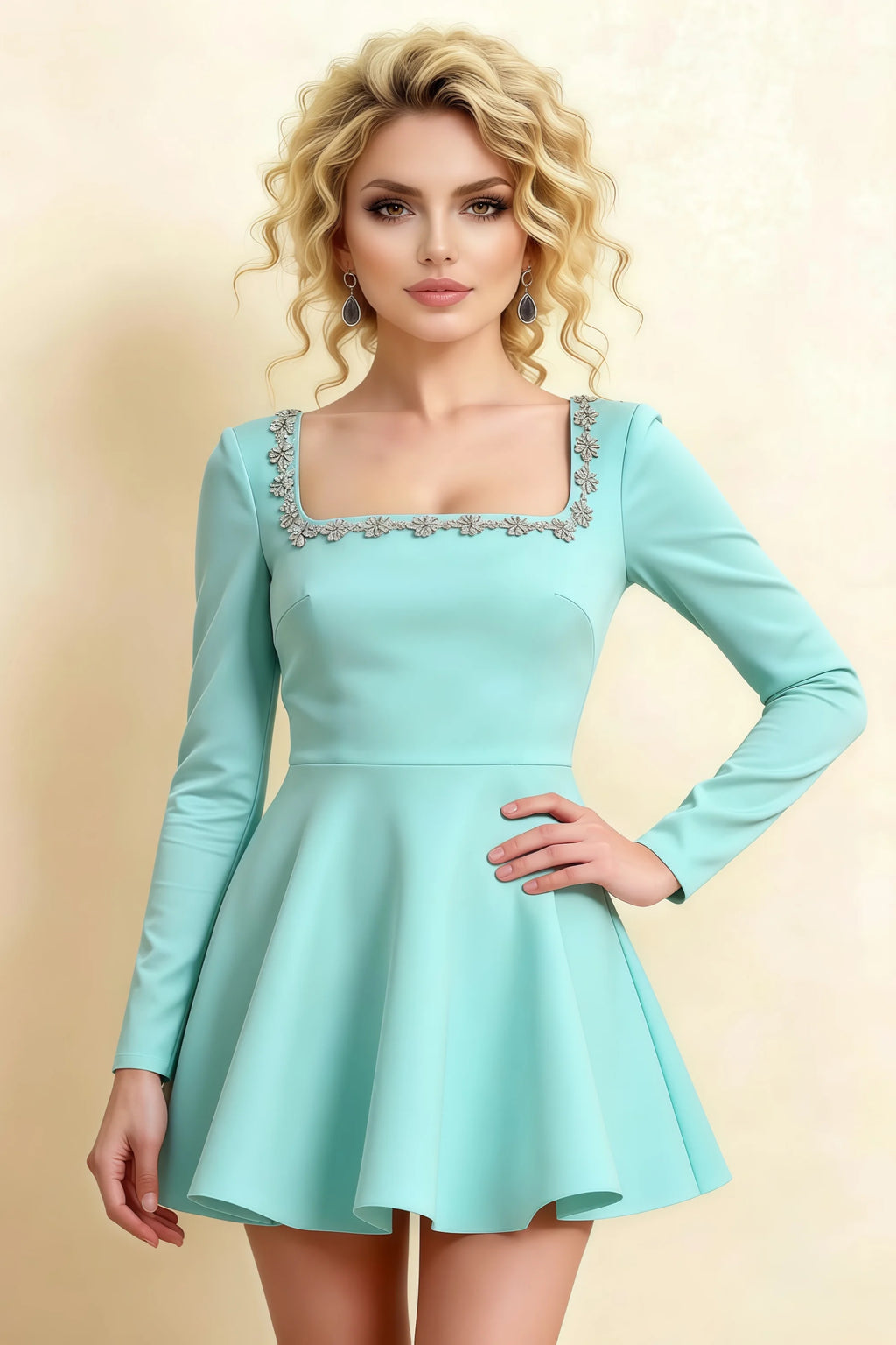 Aurora Aqua Long Sleeve Square Neck Mini Dress with Rhinestones