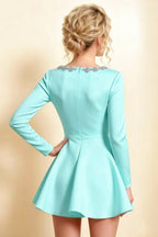 Aurora Aqua Long Sleeve Square Neck Mini Dress with Rhinestones