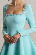 Aurora Aqua Long Sleeve Square Neck Mini Dress with Rhinestones