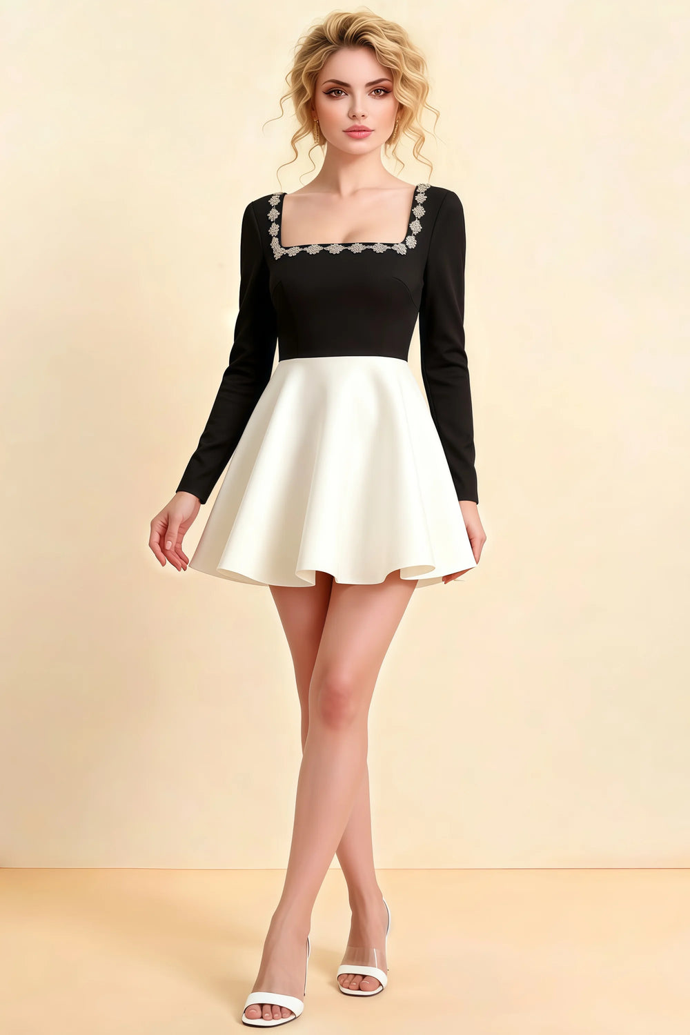 Translation missing: en.LVLVS Aurora Dress Black and White long sleeve square neck mini dress with rhinestones for Semi-Formal Event content.product_image_main