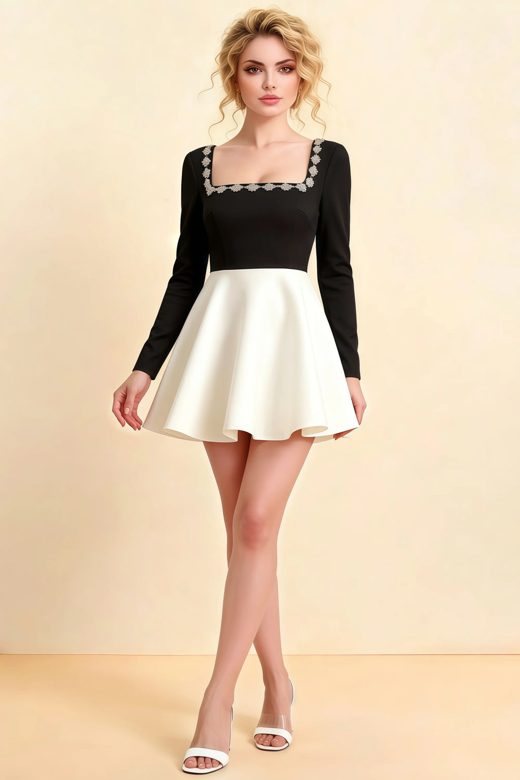 Aurora Black and White Long Sleeve Square Neck Mini Dress with Rhinestones