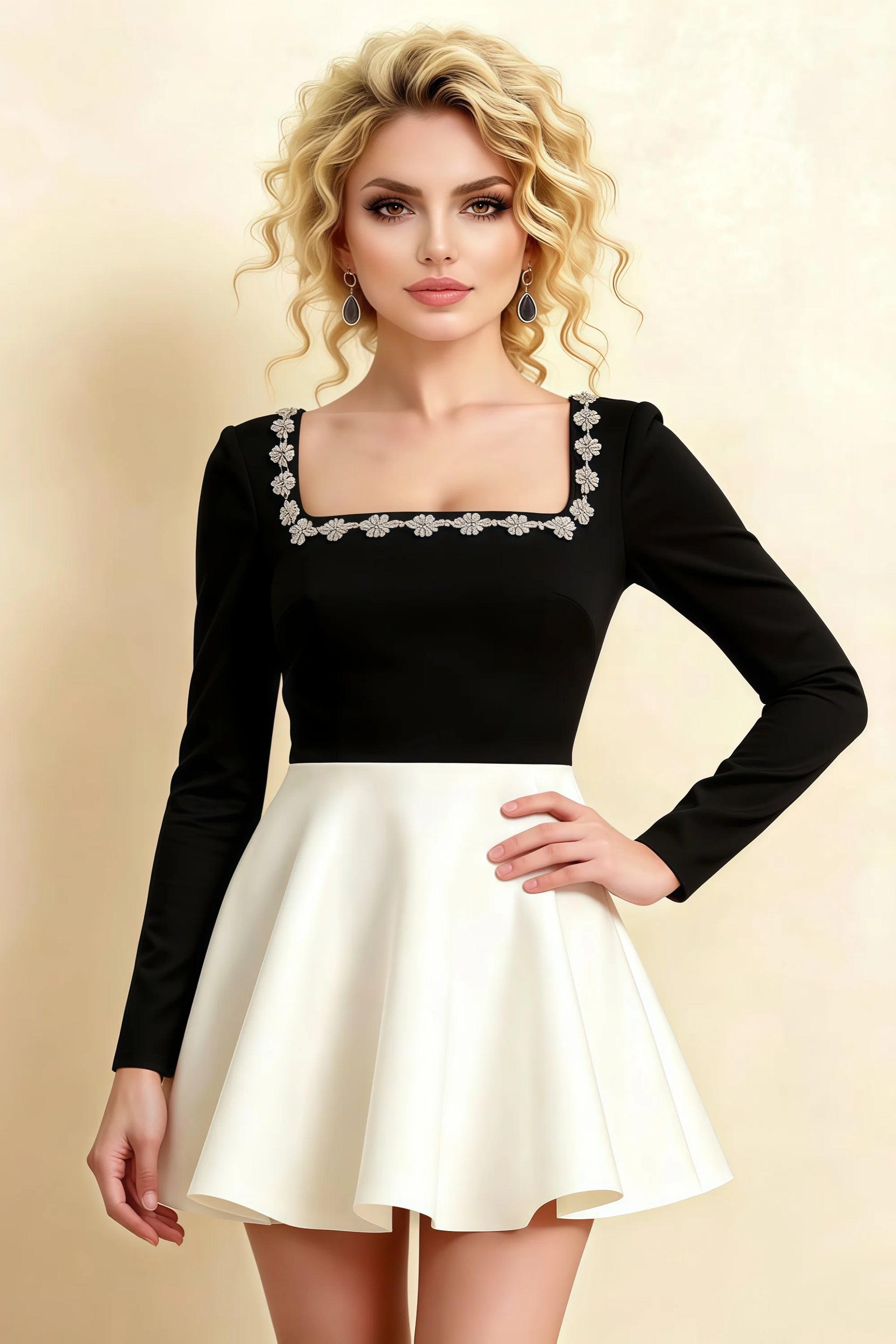 Aurora Black and White Long Sleeve Square Neck Mini Dress with Rhinestones