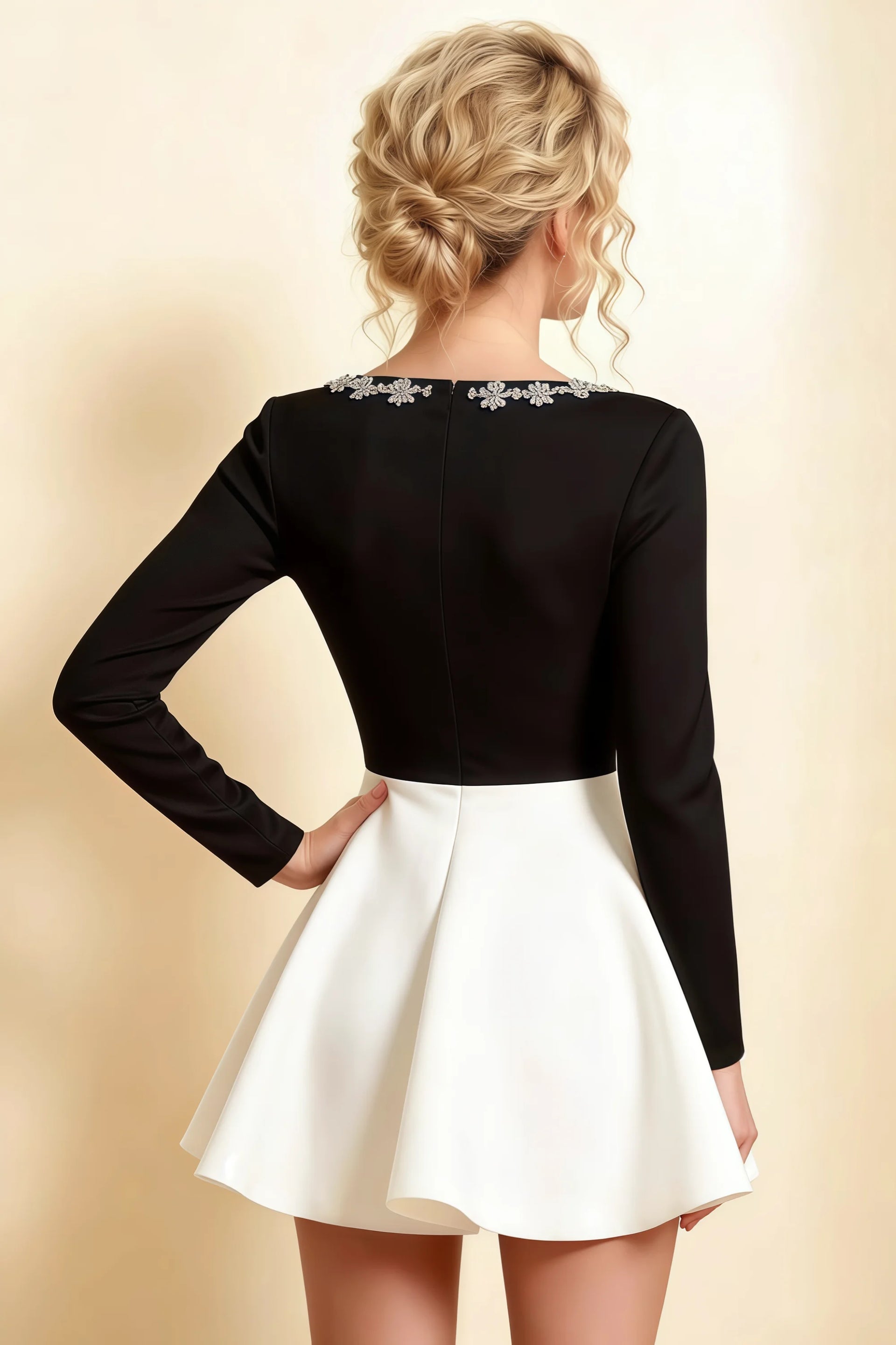 Aurora Black and White Long Sleeve Square Neck Mini Dress with Rhinestones