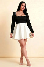 Aurora Black and White Long Sleeve Square Neck Mini Dress with Rhinestones