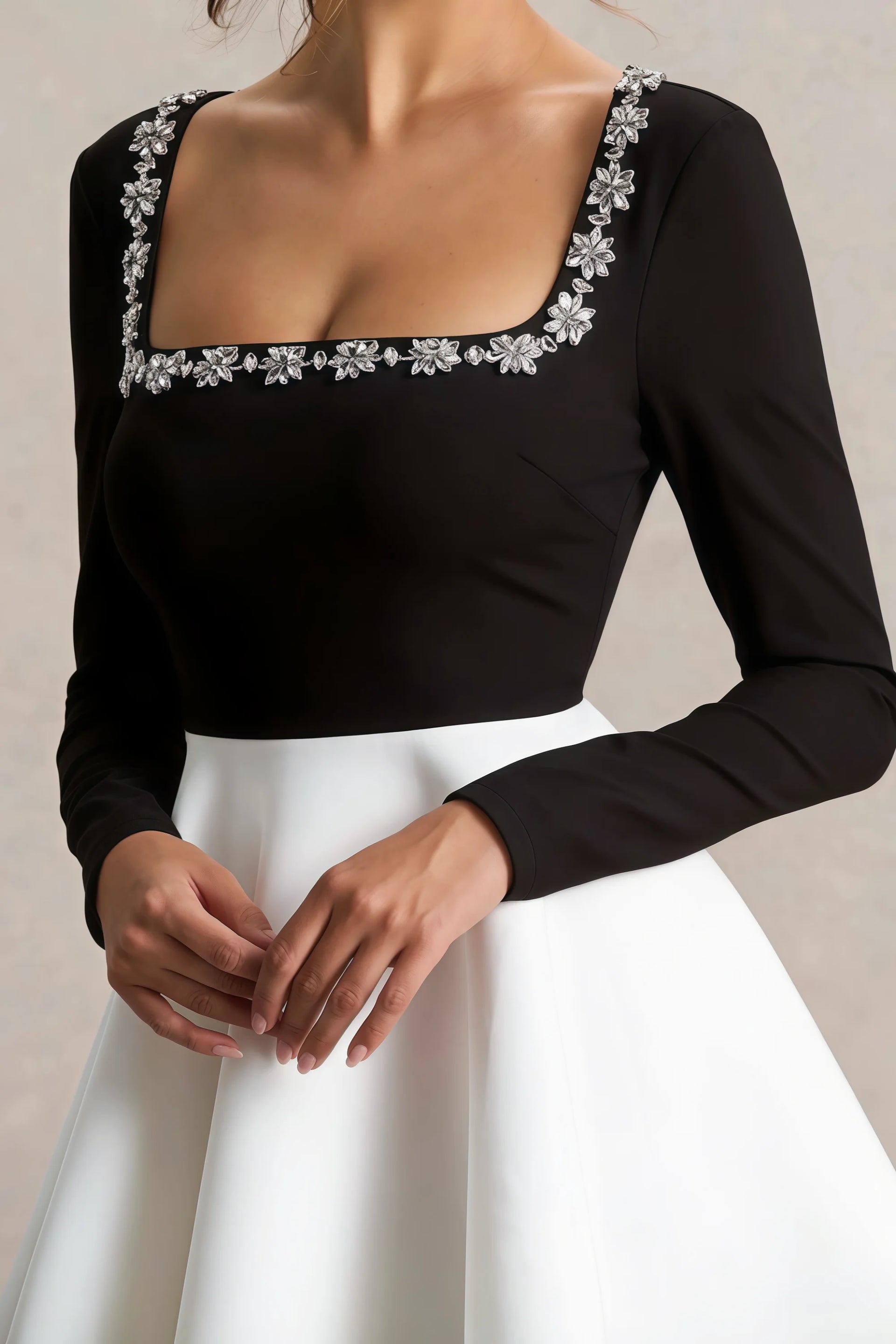 Aurora Black and White Long Sleeve Square Neck Mini Dress with Rhinestones