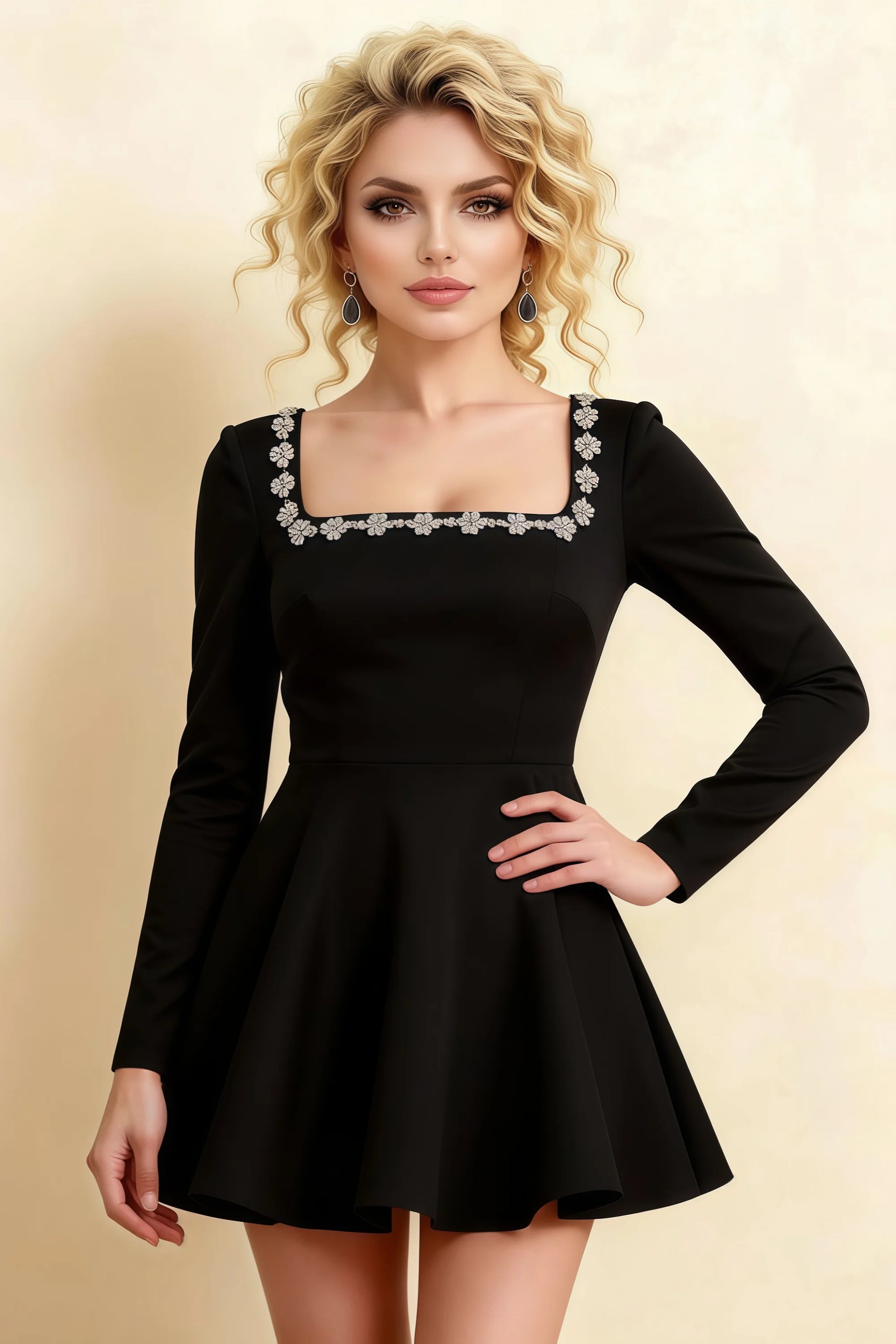 Aurora Black Long Sleeve Square Neck Mini Dress with Rhinestones