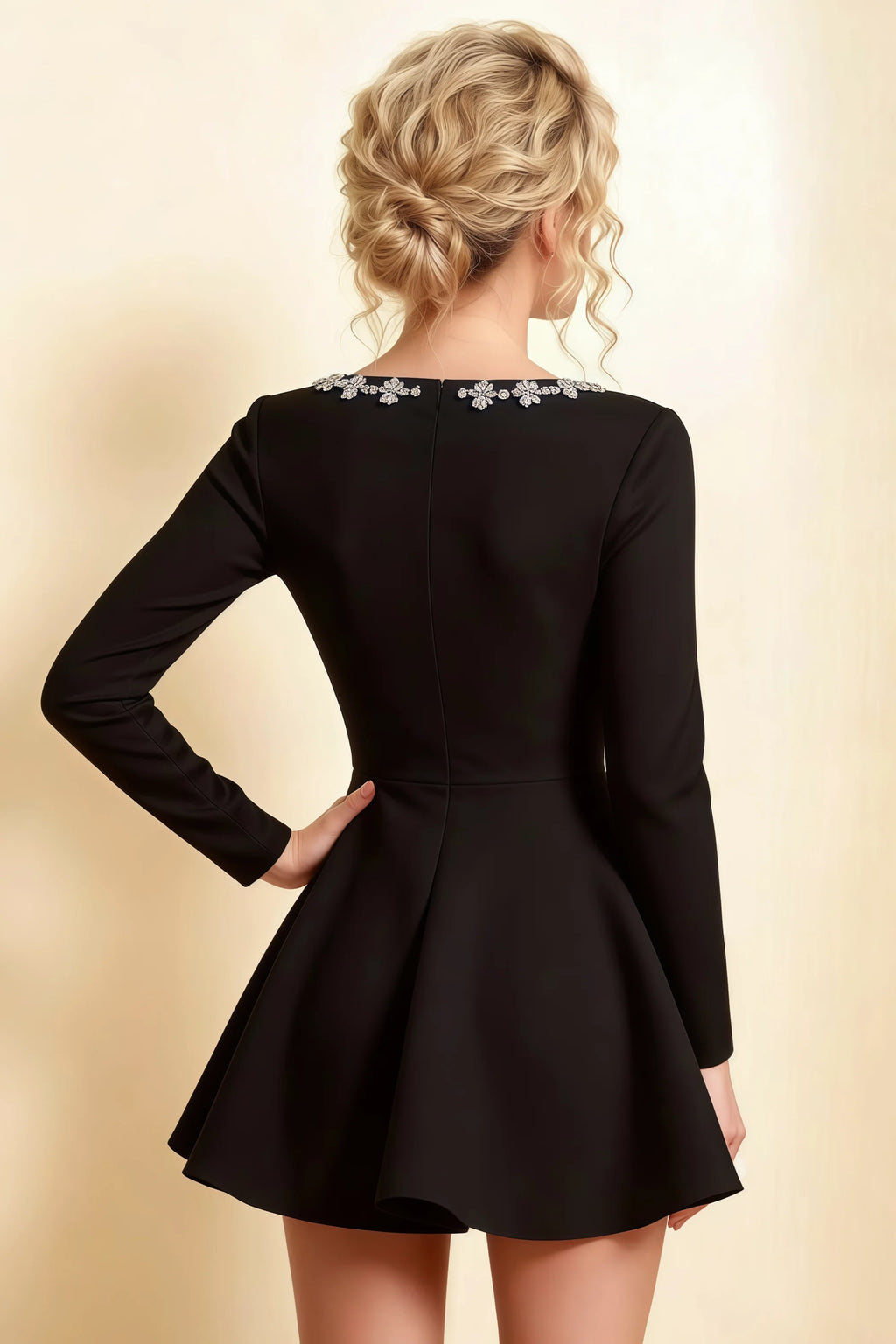Aurora Black Long Sleeve Square Neck Mini Dress with Rhinestones