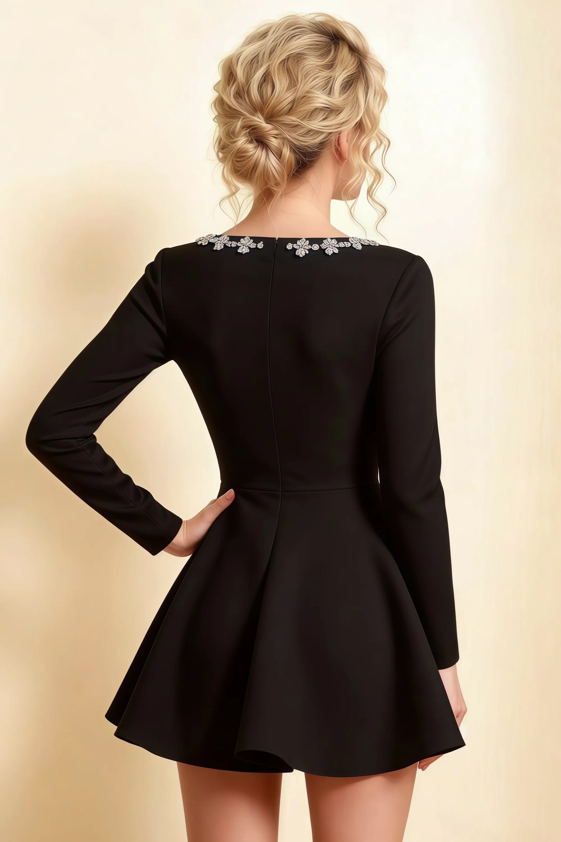 Aurora Black Long Sleeve Square Neck Mini Dress with Rhinestones