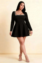 Aurora Black Long Sleeve Square Neck Mini Dress with Rhinestones
