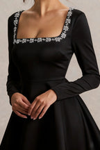 Aurora Black Long Sleeve Square Neck Mini Dress with Rhinestones