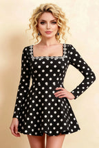 Aurora Black Polka Dot Long Sleeve Square Neck Mini Dress with Rhinestones