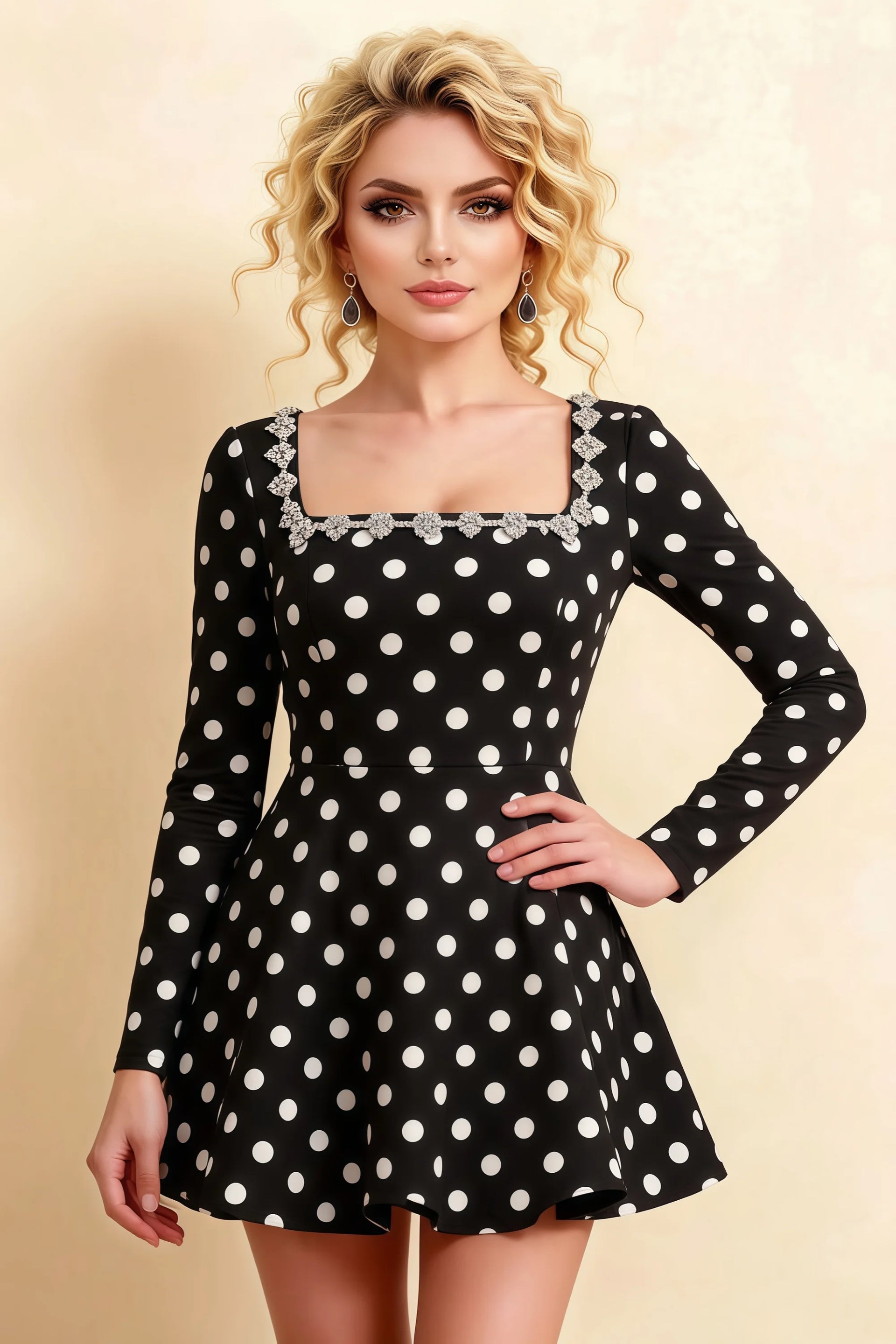 Aurora Black Polka Dot Long Sleeve Square Neck Mini Dress with Rhinestones
