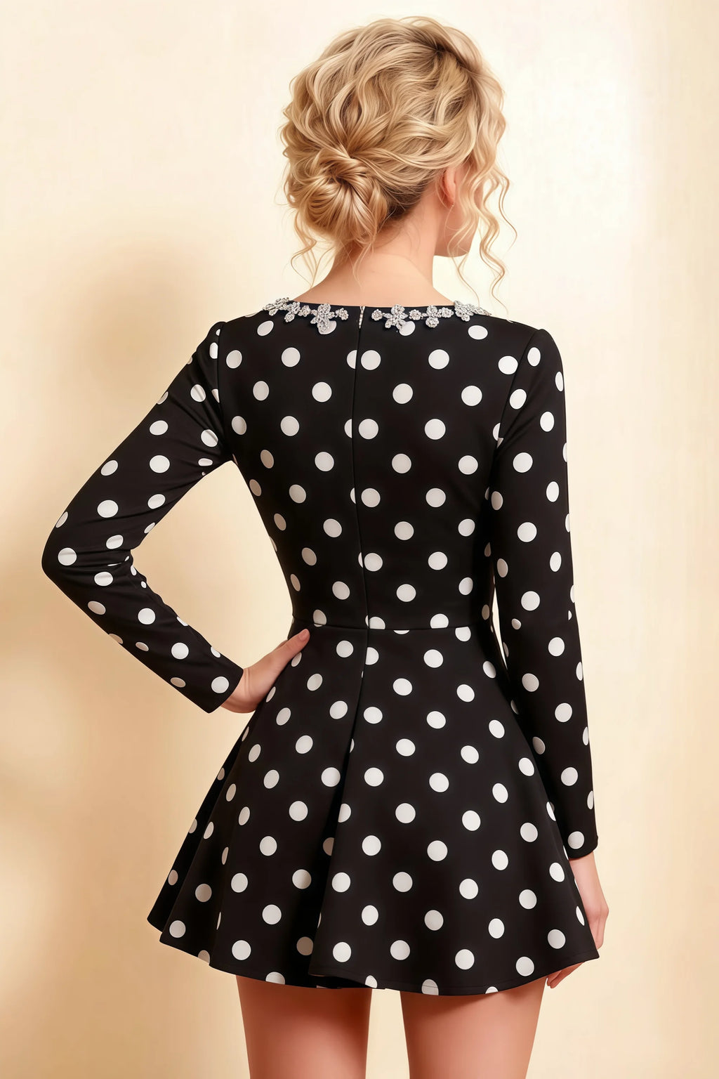Aurora Black Polka Dot Long Sleeve Square Neck Mini Dress with Rhinestones