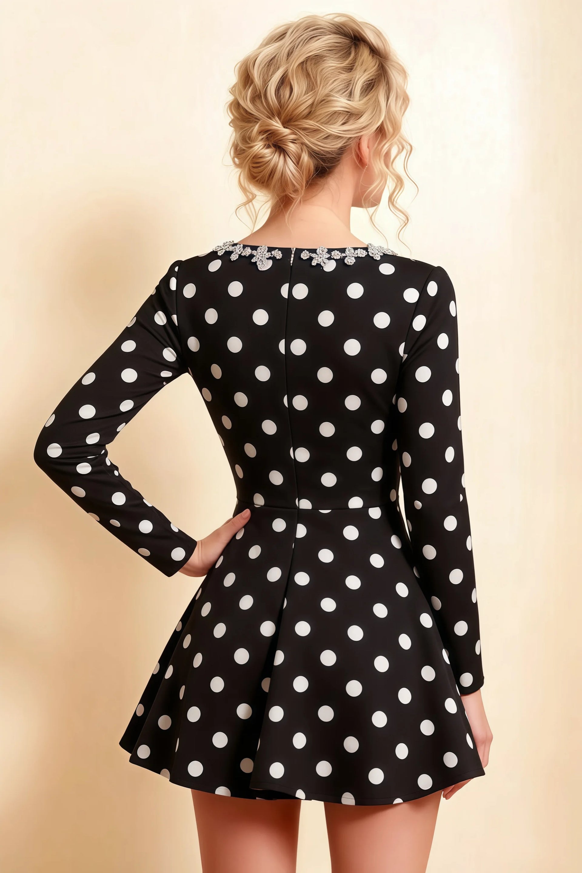 Aurora Black Polka Dot Long Sleeve Square Neck Mini Dress with Rhinestones