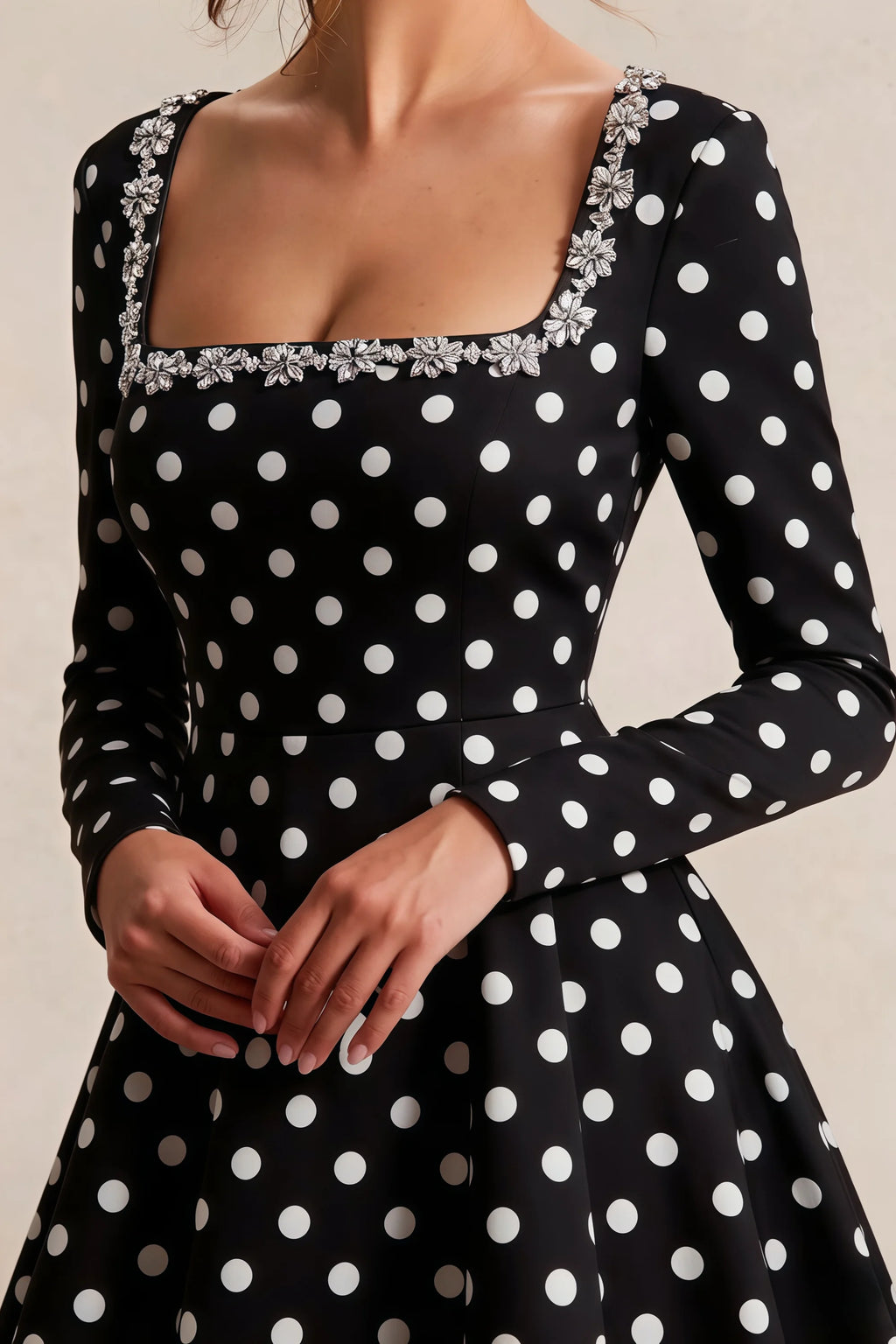 Aurora Black Polka Dot Long Sleeve Square Neck Mini Dress with Rhinestones