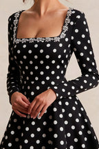 Aurora Black Polka Dot Long Sleeve Square Neck Mini Dress with Rhinestones