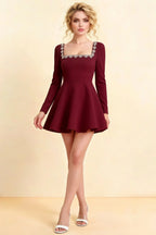 Aurora Burgundy Long Sleeve Square Neck Mini Dress with Rhinestones