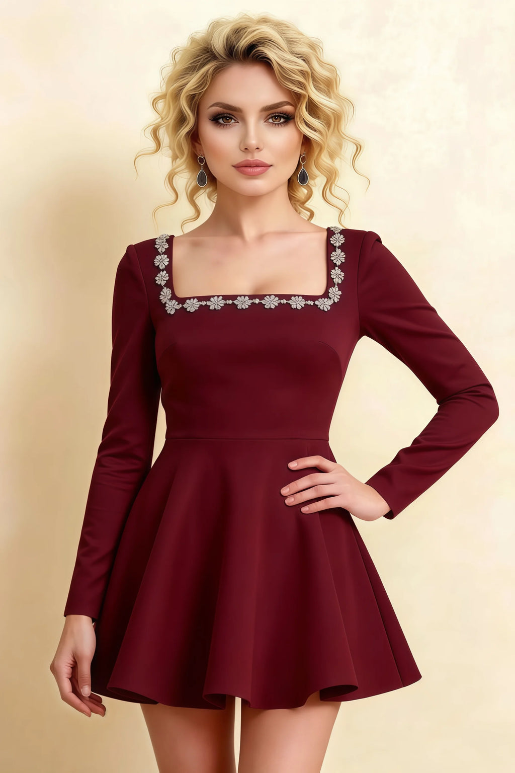Aurora Burgundy Long Sleeve Square Neck Mini Dress with Rhinestones