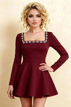Aurora Burgundy Long Sleeve Square Neck Mini Dress with Rhinestones