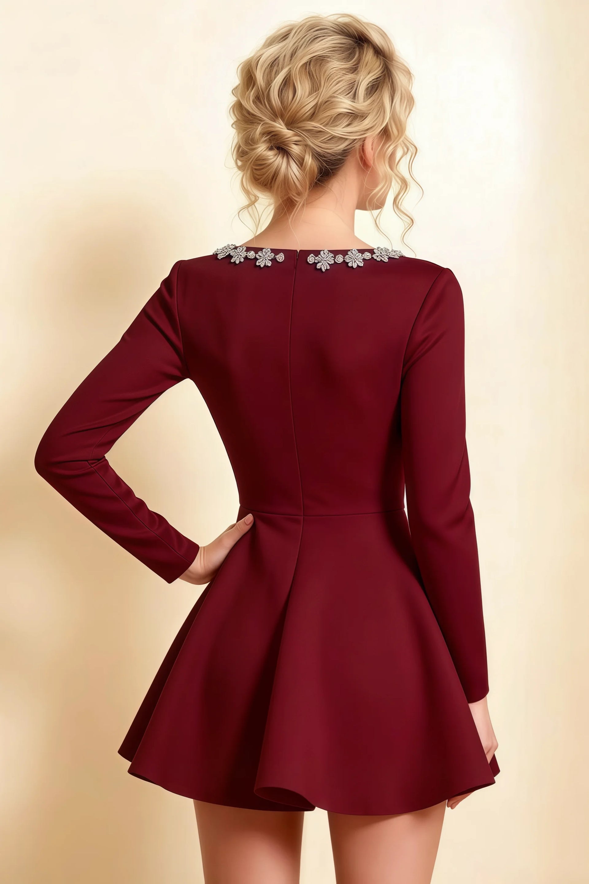 Aurora Burgundy Long Sleeve Square Neck Mini Dress with Rhinestones