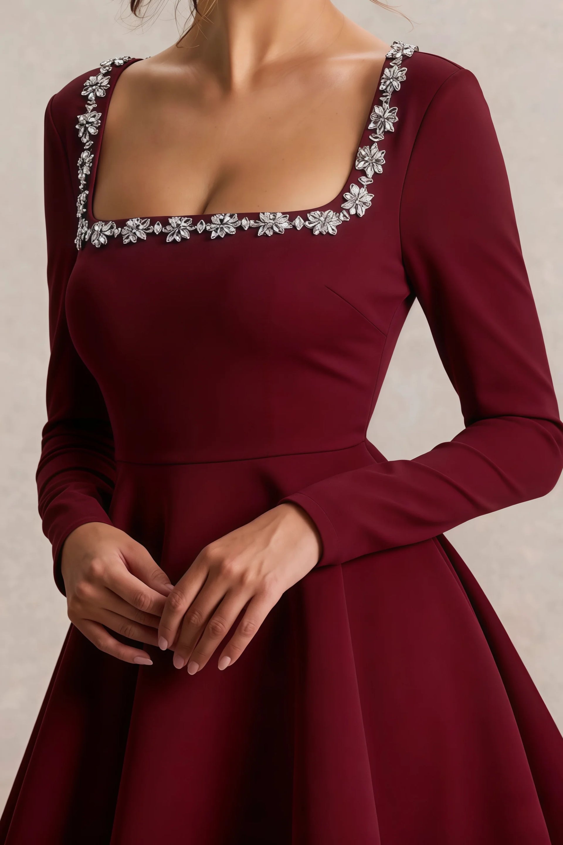 Aurora Burgundy Long Sleeve Square Neck Mini Dress with Rhinestones