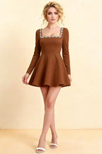 Aurora Chocolate Long Sleeve Square Neck Mini Dress with Rhinestones