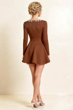 Aurora Chocolate Long Sleeve Square Neck Mini Dress with Rhinestones