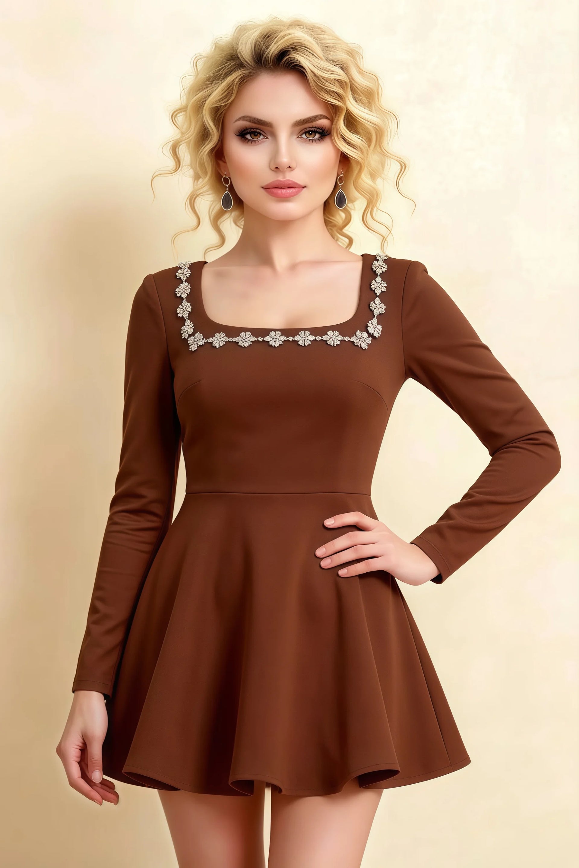Aurora Chocolate Long Sleeve Square Neck Mini Dress with Rhinestones