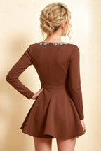 Aurora Chocolate Long Sleeve Square Neck Mini Dress with Rhinestones