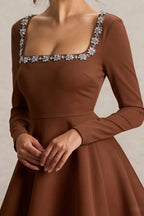 Aurora Chocolate Long Sleeve Square Neck Mini Dress with Rhinestones