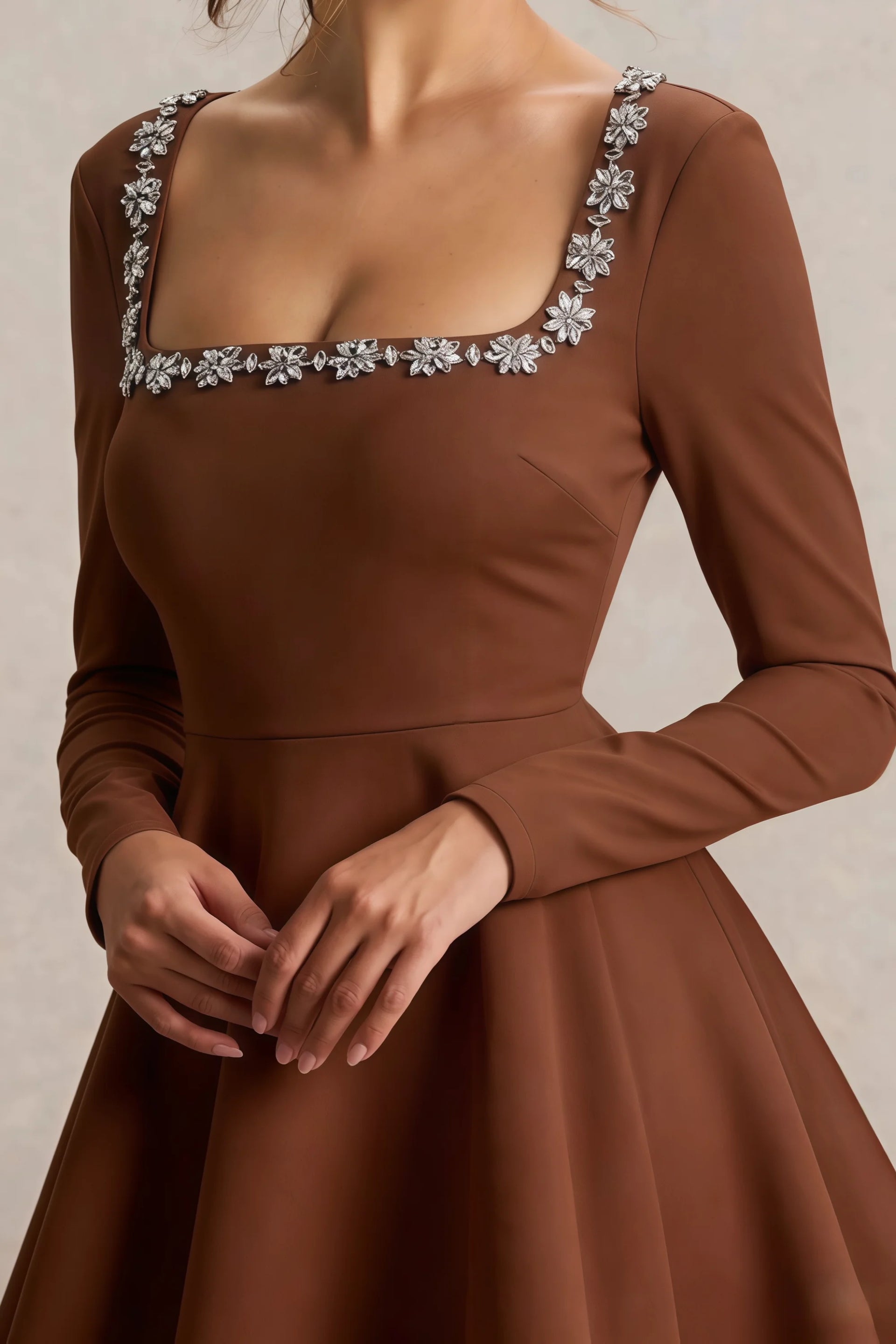 Aurora Chocolate Long Sleeve Square Neck Mini Dress with Rhinestones