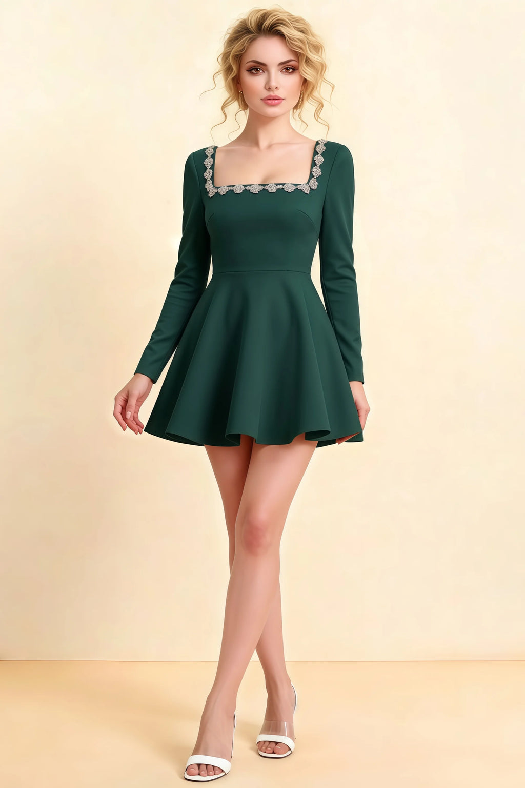 Aurora Emerald Green Long Sleeve Square Neck Mini Dress with Rhinestones