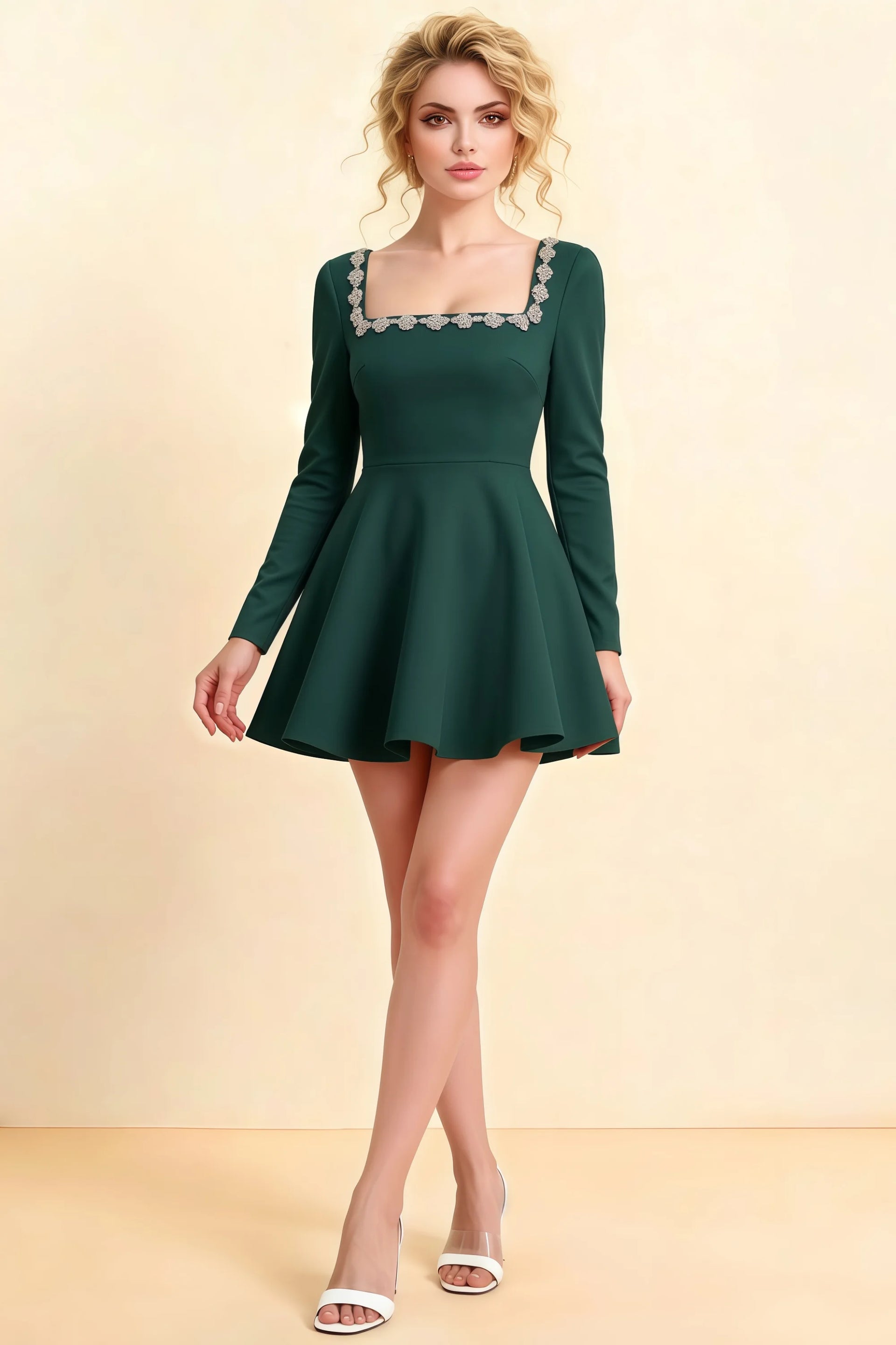 Aurora Emerald Green Long Sleeve Square Neck Mini Dress with Rhinestones
