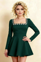 Aurora Emerald Green Long Sleeve Square Neck Mini Dress with Rhinestones