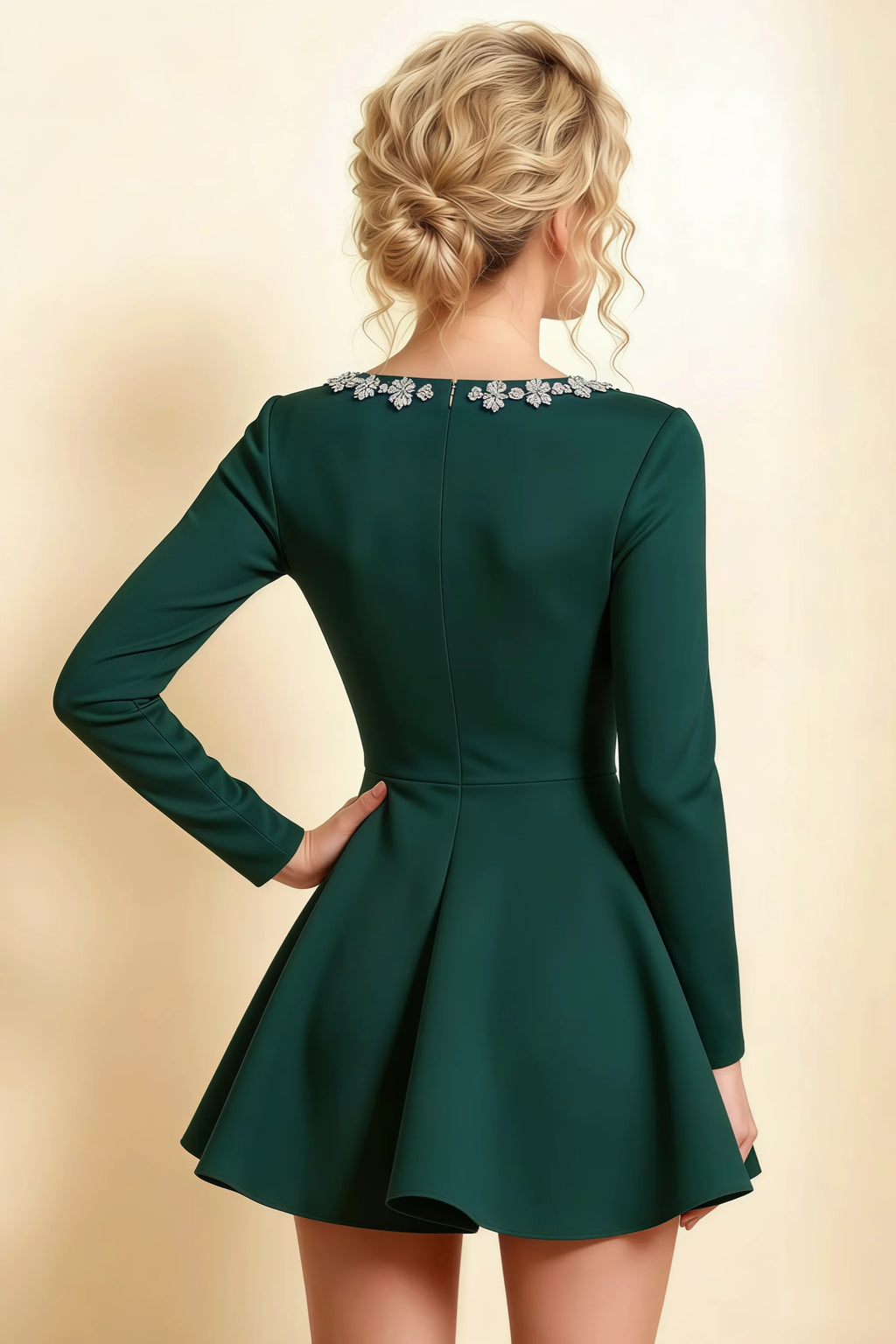 Aurora Emerald Green Long Sleeve Square Neck Mini Dress with Rhinestones