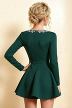 Aurora Emerald Green Long Sleeve Square Neck Mini Dress with Rhinestones