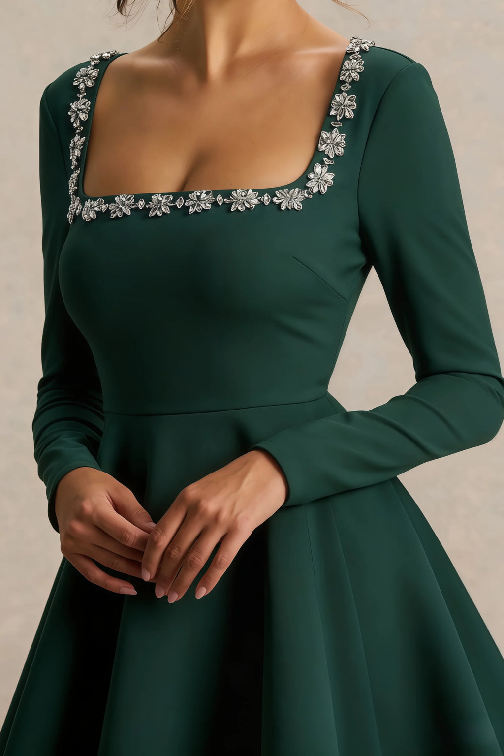 Aurora Emerald Green Long Sleeve Square Neck Mini Dress with Rhinestones