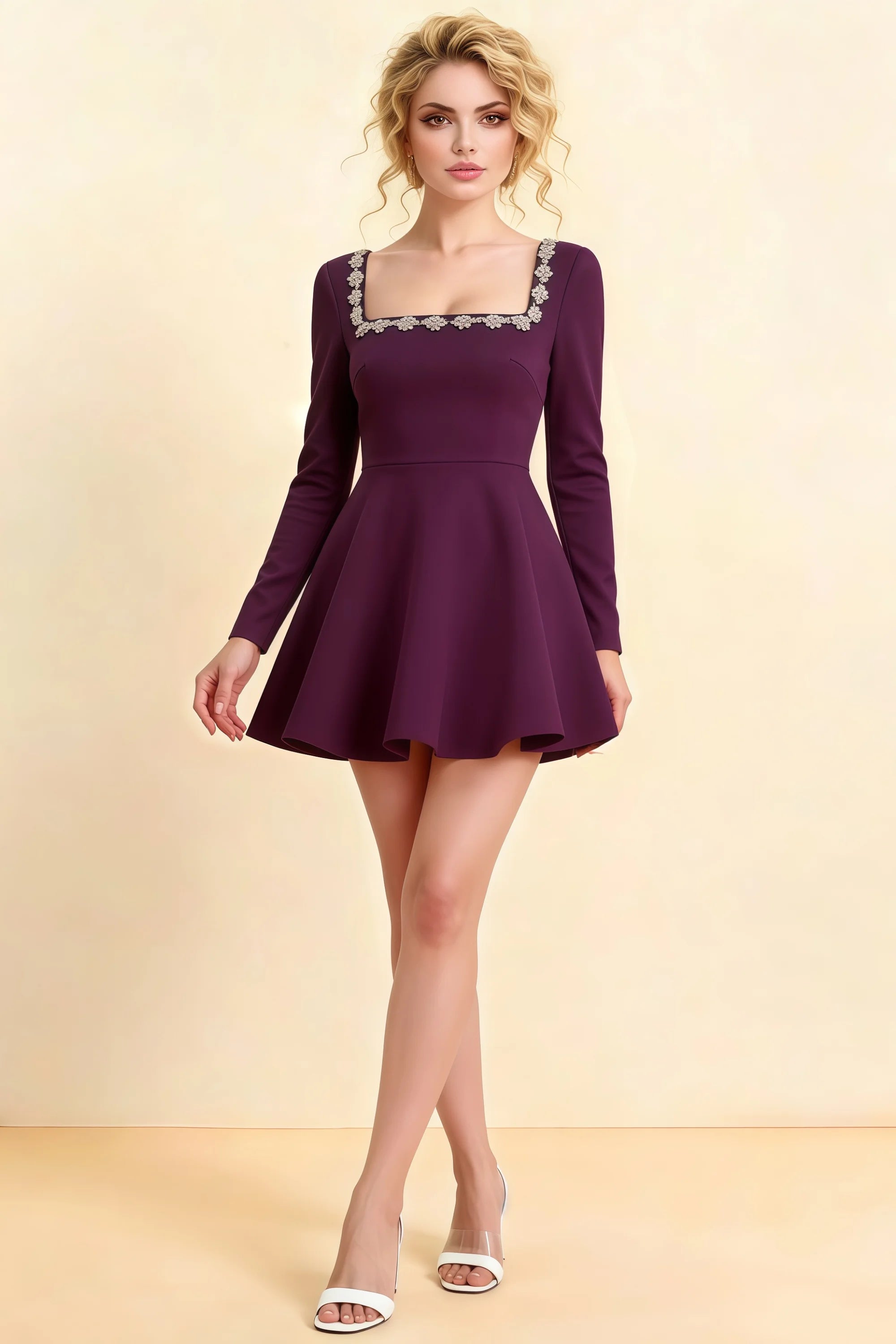 Aurora Grape Long Sleeve Square Neck Mini Dress with Rhinestones Main image