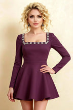 Aurora Grape Long Sleeve Square Neck Mini Dress with Rhinestones