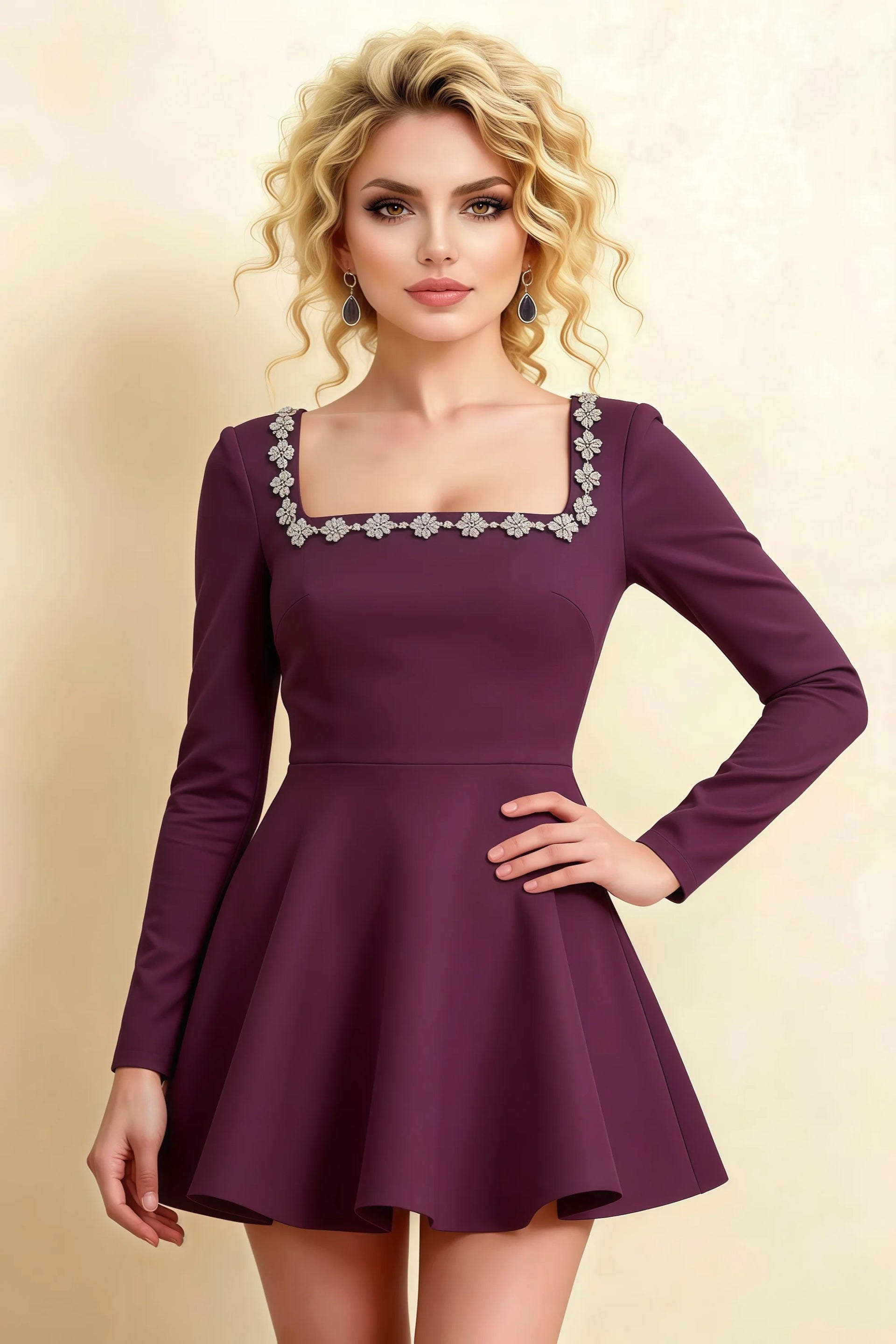 Aurora Grape Long Sleeve Square Neck Mini Dress with Rhinestones